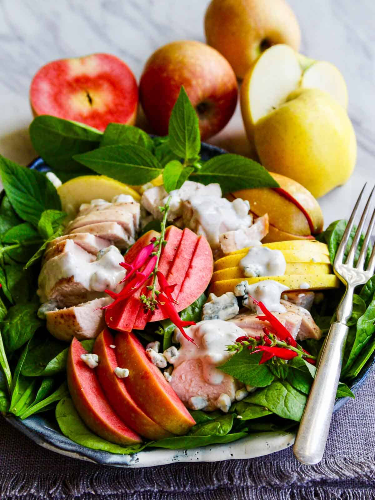 A plate with fresh spinach, sliced apples and chicken topped with chunky blue cheese.