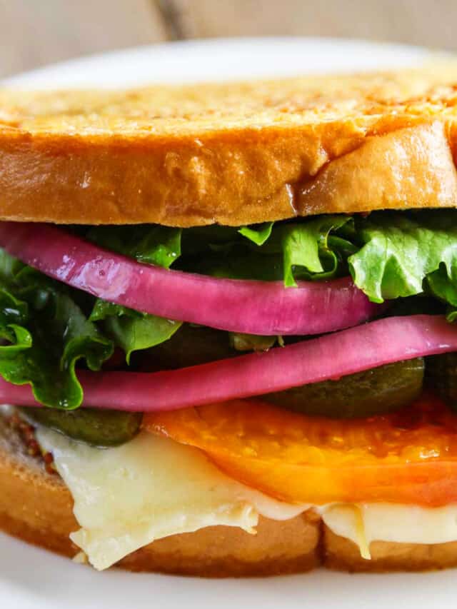 A stacked gourmet grilled cheese sandwich with cheese, tomato, red onions, and lettuce.
