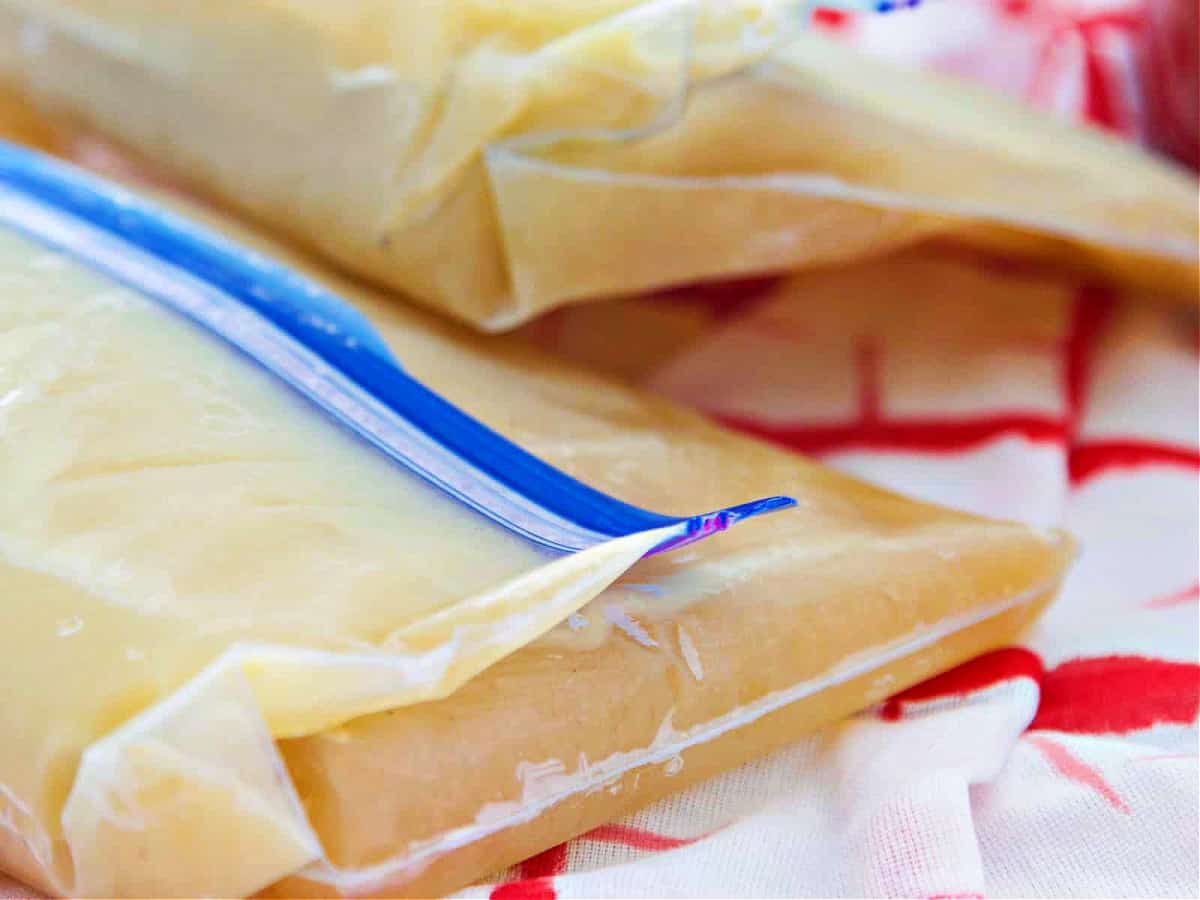 Two large ziptop bags filled with frozen chicken stock ready to use in a recipe.