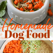 Homemade Dog Food ingredients in a large white pot with a white dog dish and a white dogs feet next to the dog food bowl.