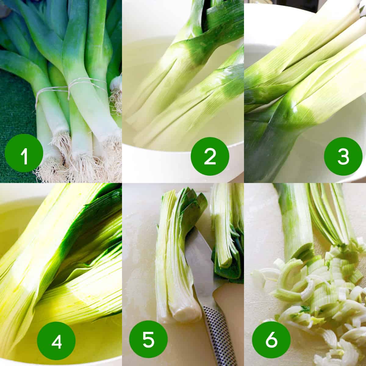6 photos of leeks showing how to clean and slice them for use in recipes.