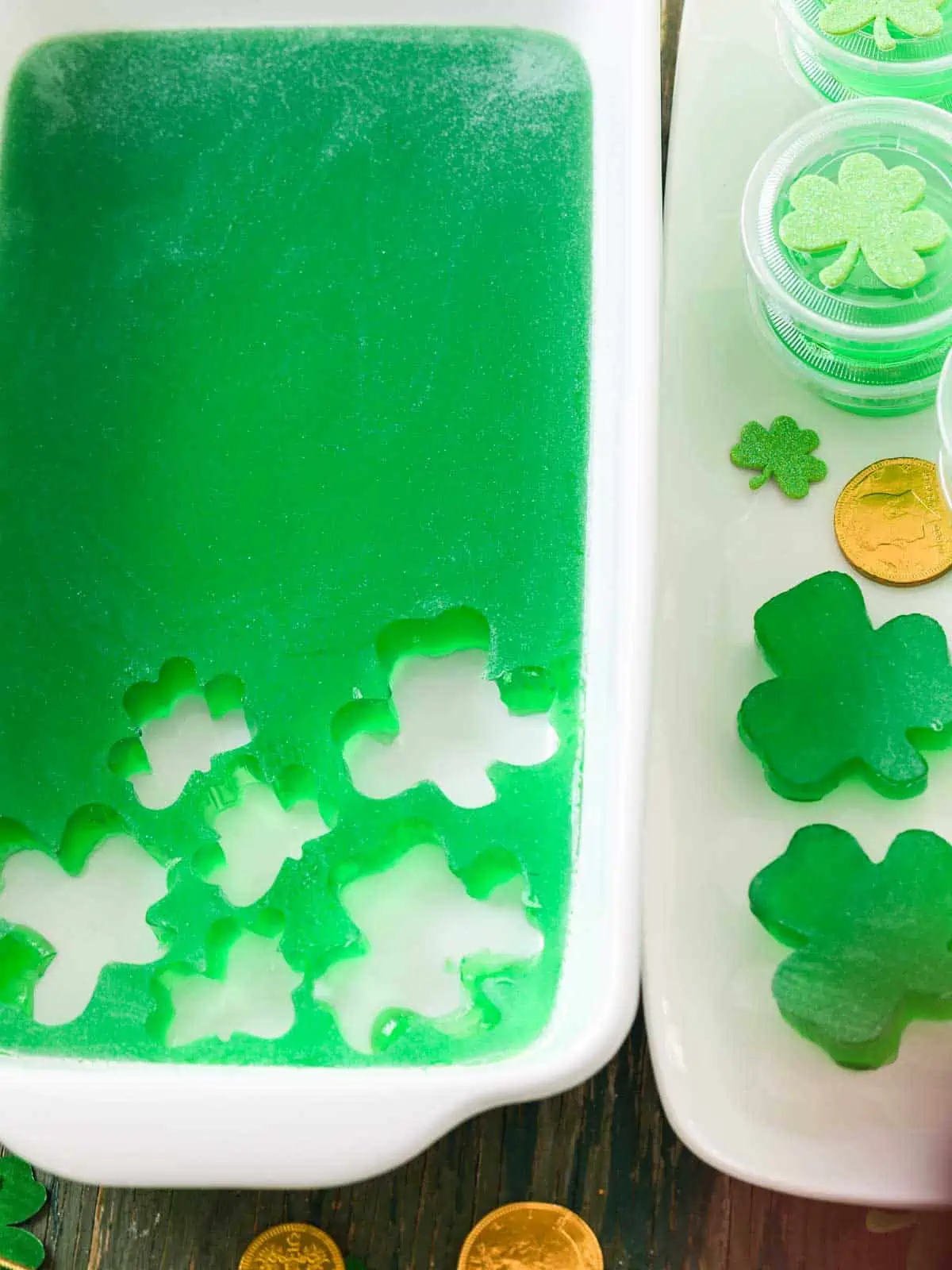 A white dish with green jello jigglers cut out in shamrock shapes.