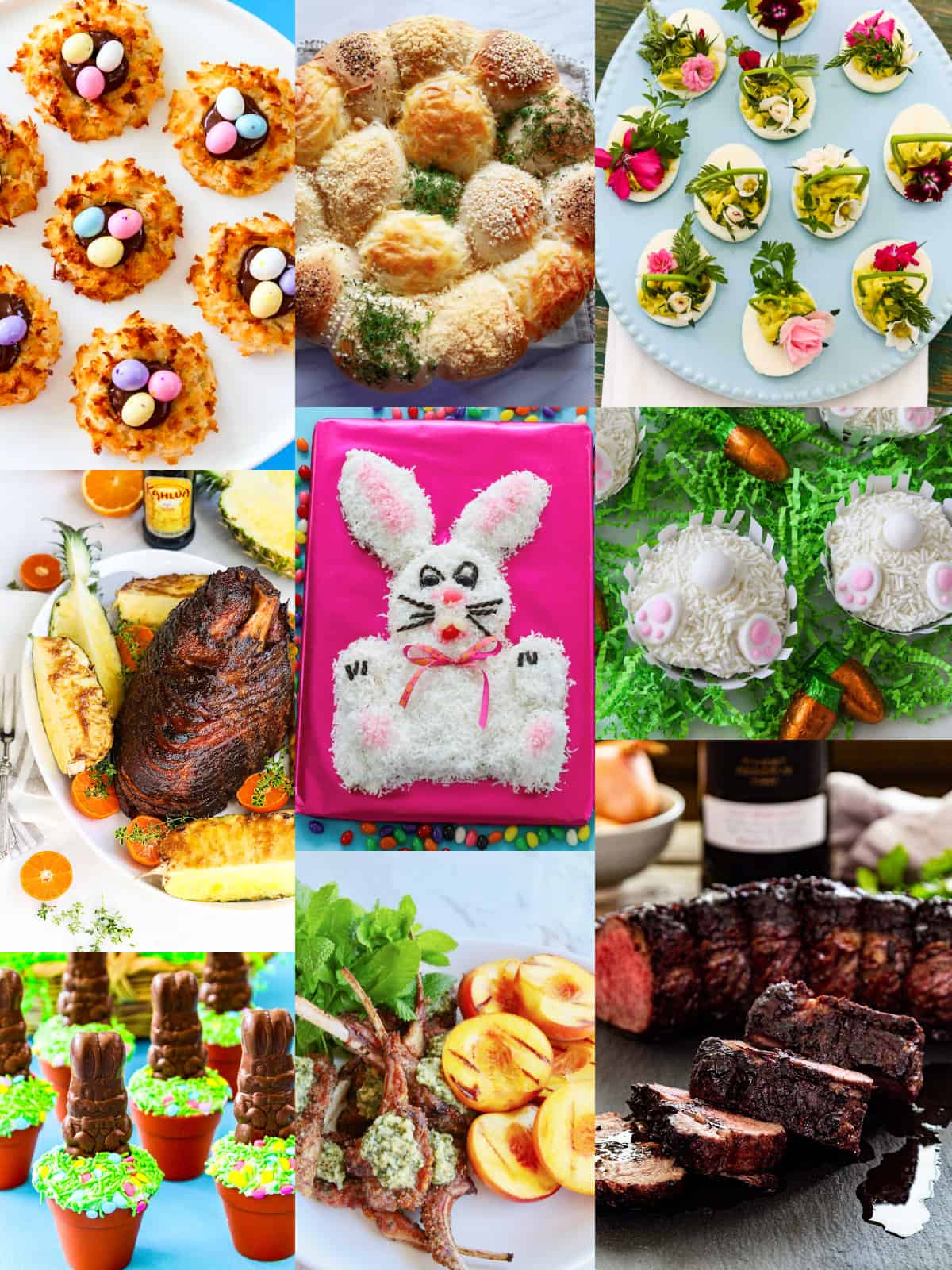 A collage of Easter dinner recipes including ham, bunny cake, beef roast, Easter cookies and cupcakes.