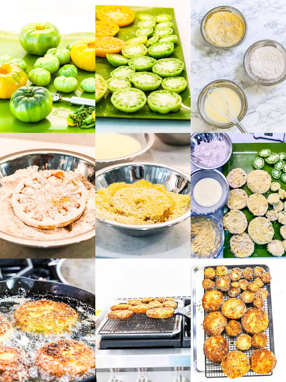 A collage of 9 photos showing how to make fried green tomatoes and the dipping stations before deep frying.