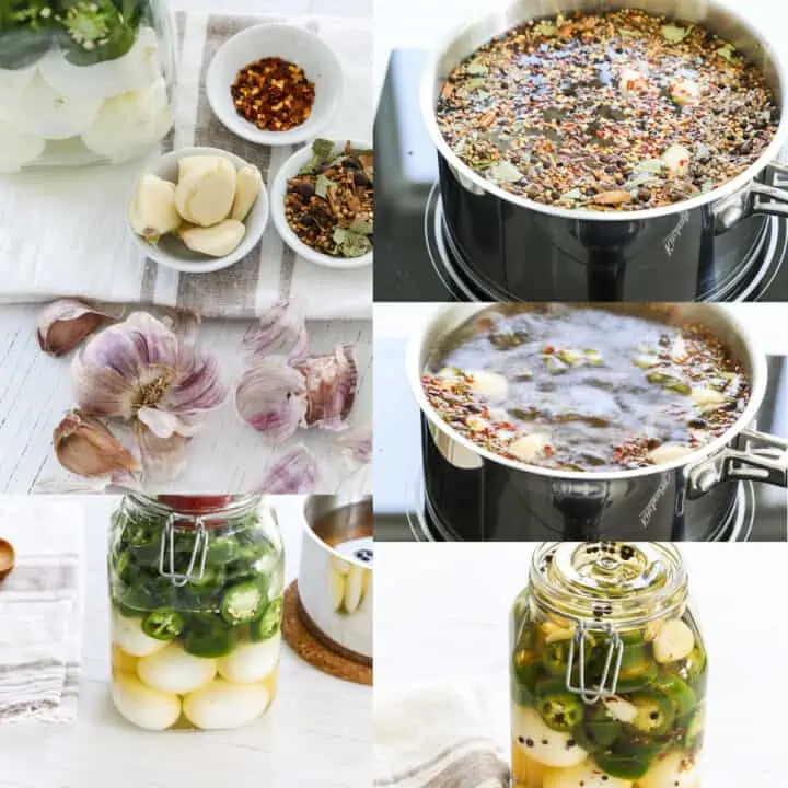 A collage showing how to make pickled eggs with brine, eggs and jalapeno peppers.