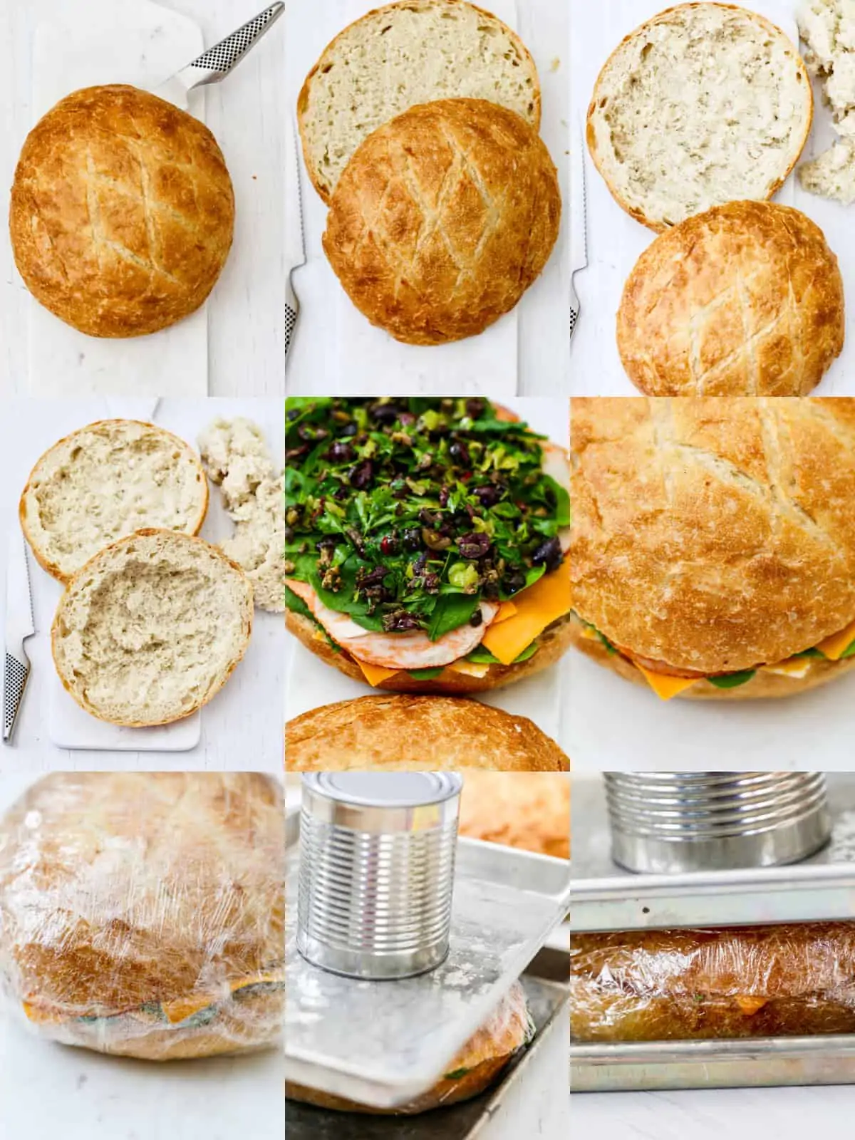 Showing how to make pressed picnic sandwiches step by step.