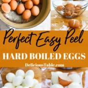 A graphic for Easy Peel Steam Hard Boiled Eggs showing the eggs cooking and peeled.