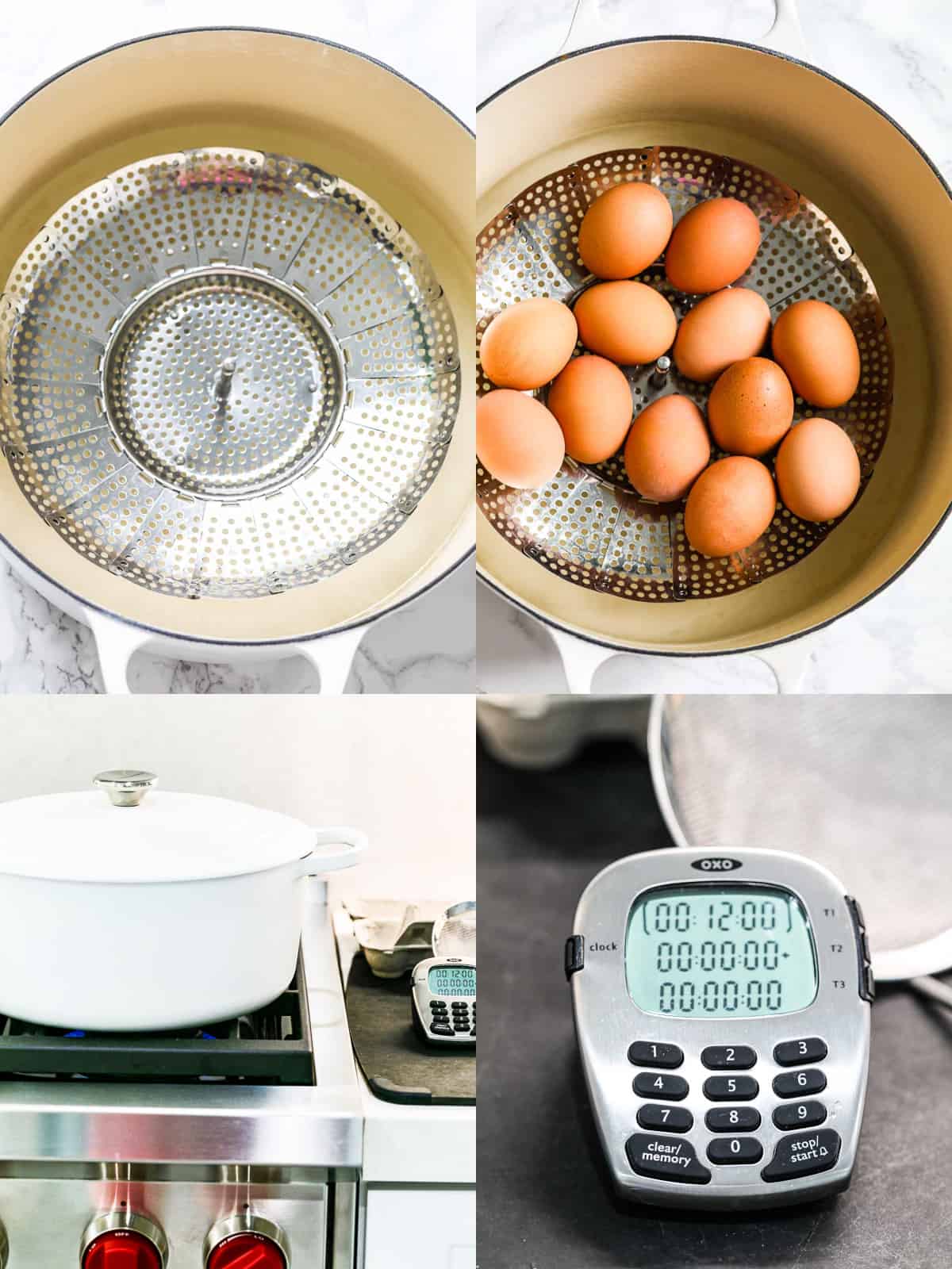 A collage of recipes showing how to steam eggs in a white pot with a veggie steamer rack to make boiled eggs.