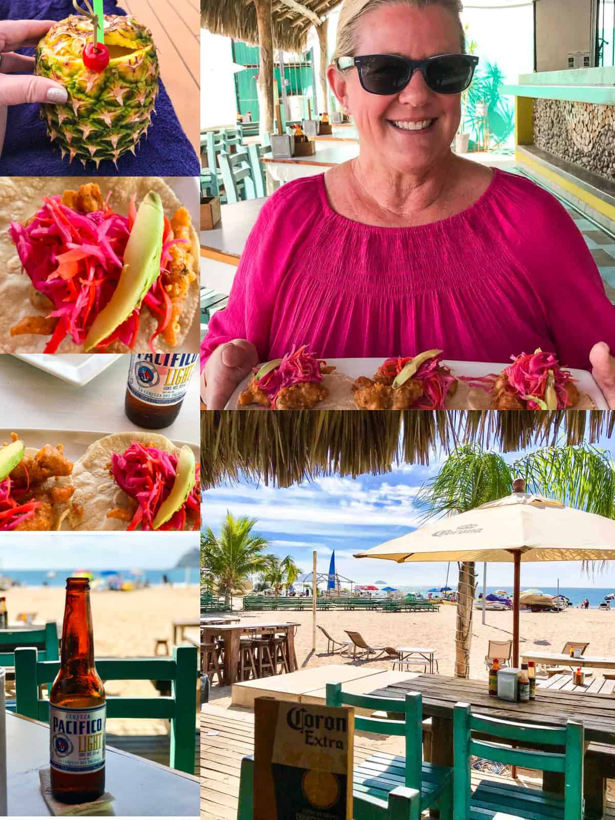 A collage of Mexico with a lady in a pink top eating tacos with a cold beer.