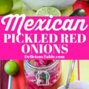 An ad for how to make Mexican pickled red onions in a clamp jar and in a white bowl.