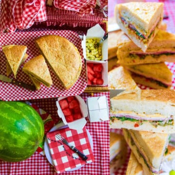 Picnic sandwiches on a red and white check table with sliced sandwiches.