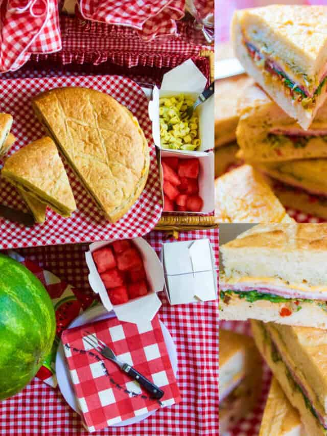 Picnic sandwiches on a red and white check table with sliced sandwiches.
