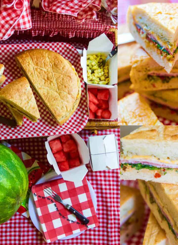 Picnic sandwiches on a red and white check table with sliced sandwiches.