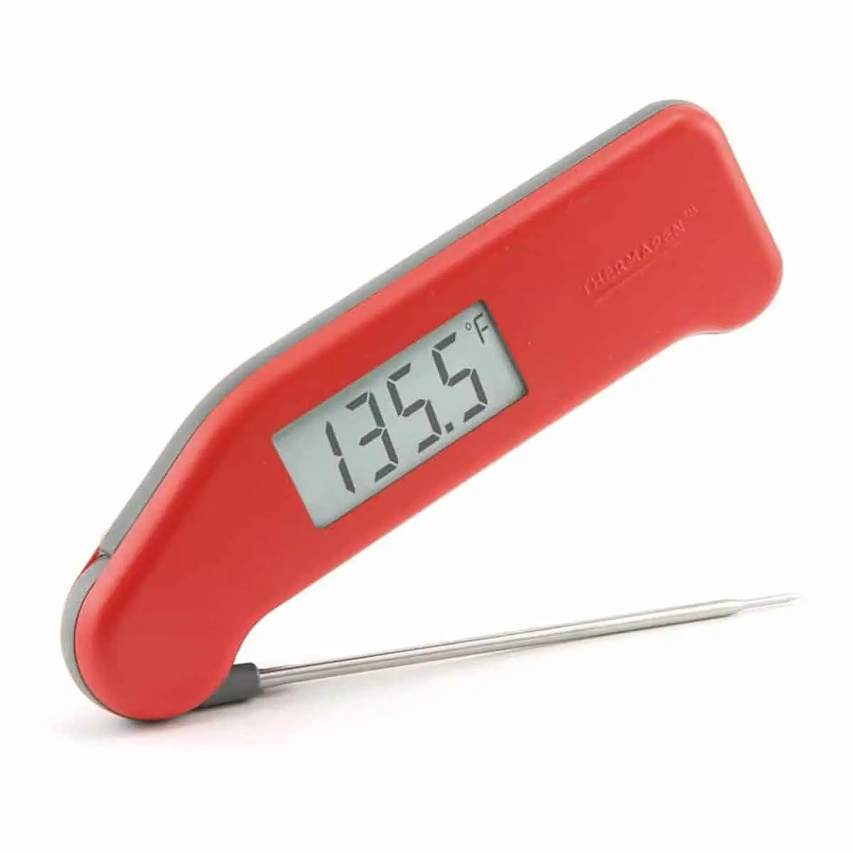 A red Thermoworks instant read thermometer.