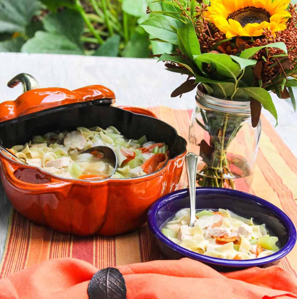 A blue bowl filled with homemade chicken noodle soup.