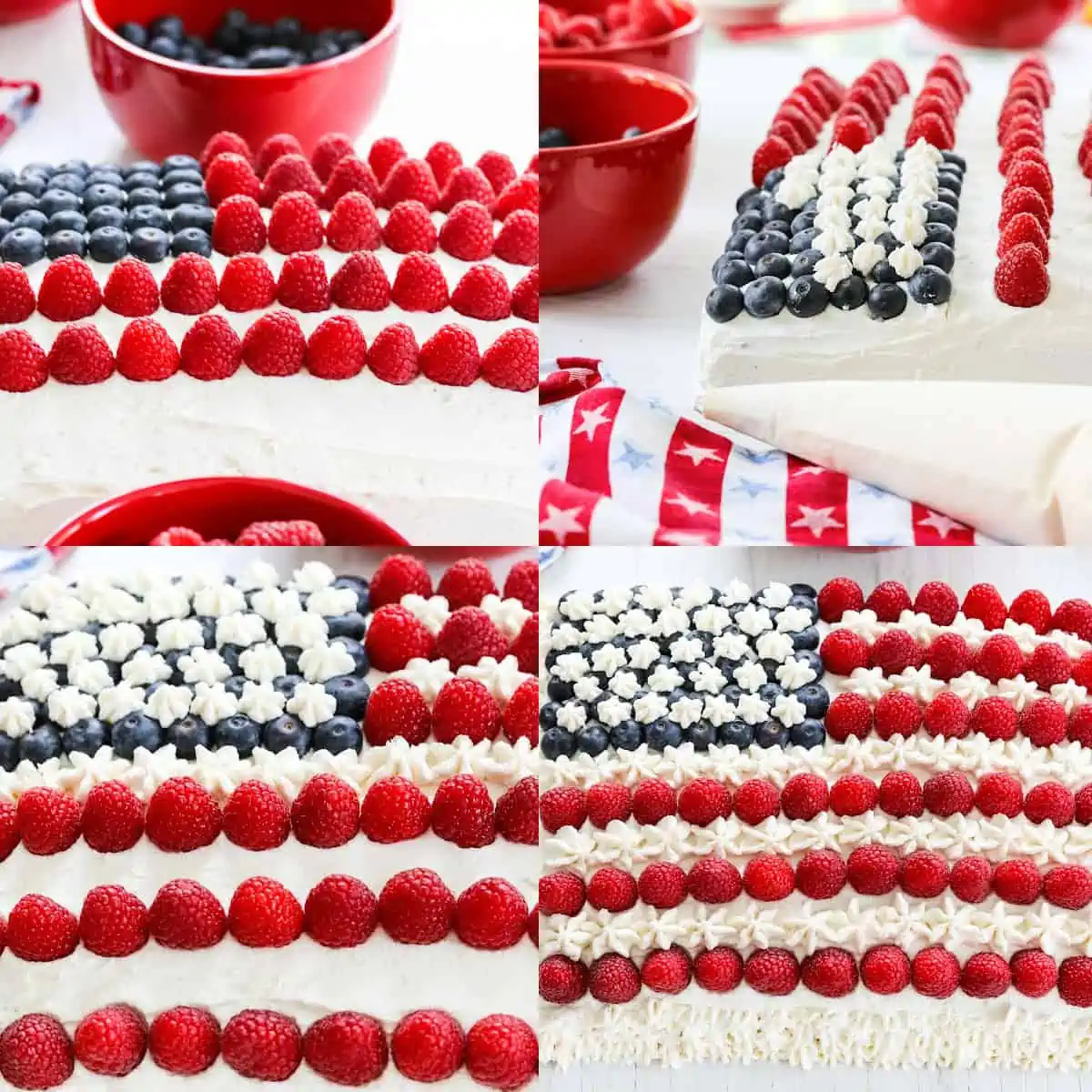 Showing how to decorate a flag cake with white frosting, raspberries, and blueberries for Fourth of July.