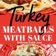 Turkey meatballs in a red bowl, on hot pasta with sauce and shaved parmesan cheese.