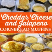 Showing how to make cheddar cheese and jalapeno cornbread muffins with putting mix into muffin pan, and baked corn bread.
