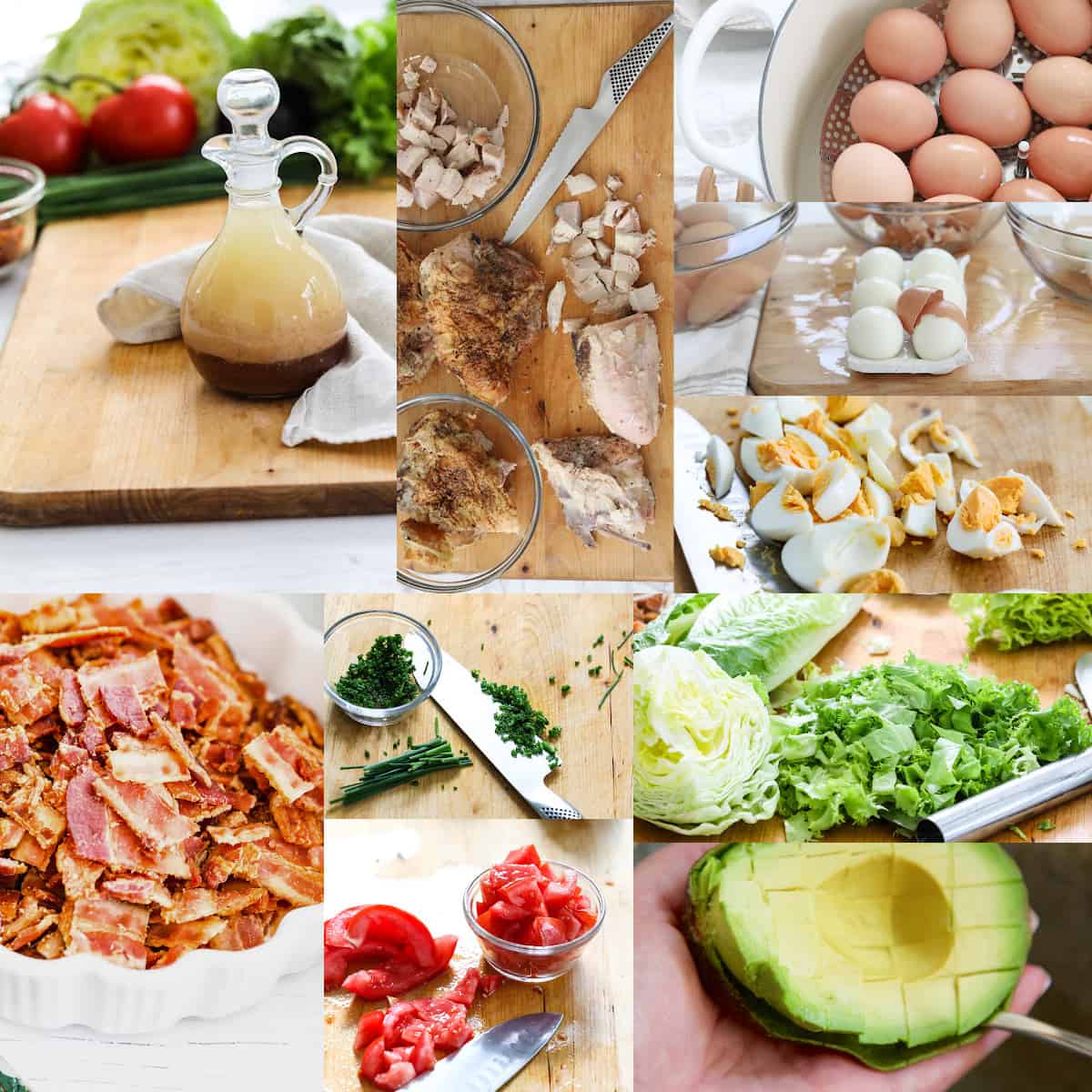 Showing how to make Cobb Salad with dressing, chopped eggs, cubed avocado, crumbled bacon and chopped lettuce.