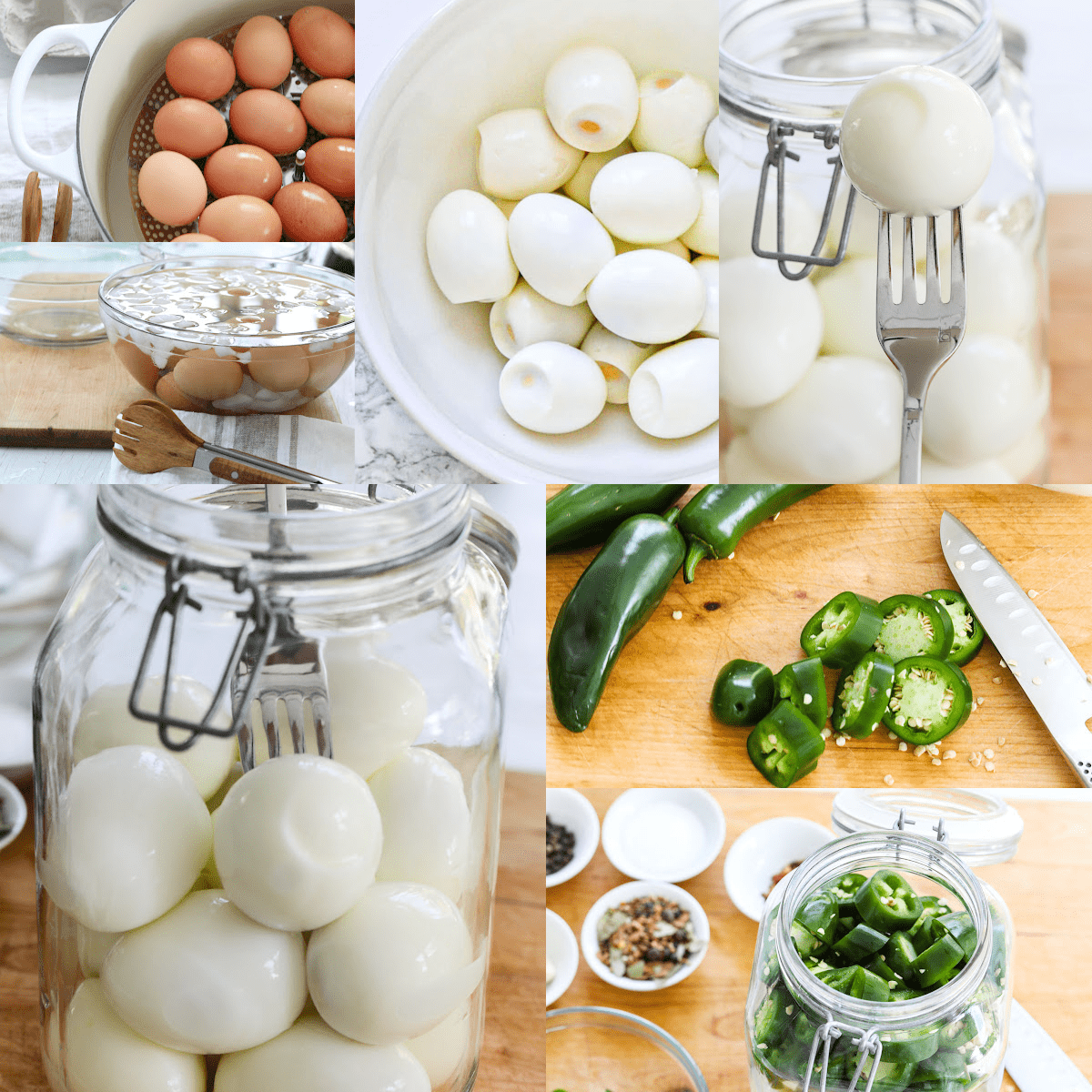 Making some jalapeno pickled eggs in a large glass clamp jar.