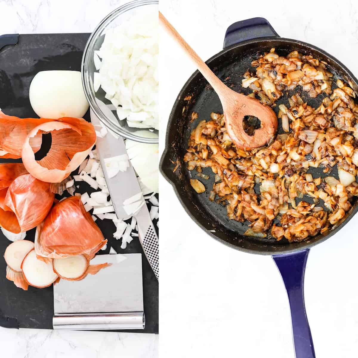 Chopping brown onions on a cutting board and a pan with caramelized onions.