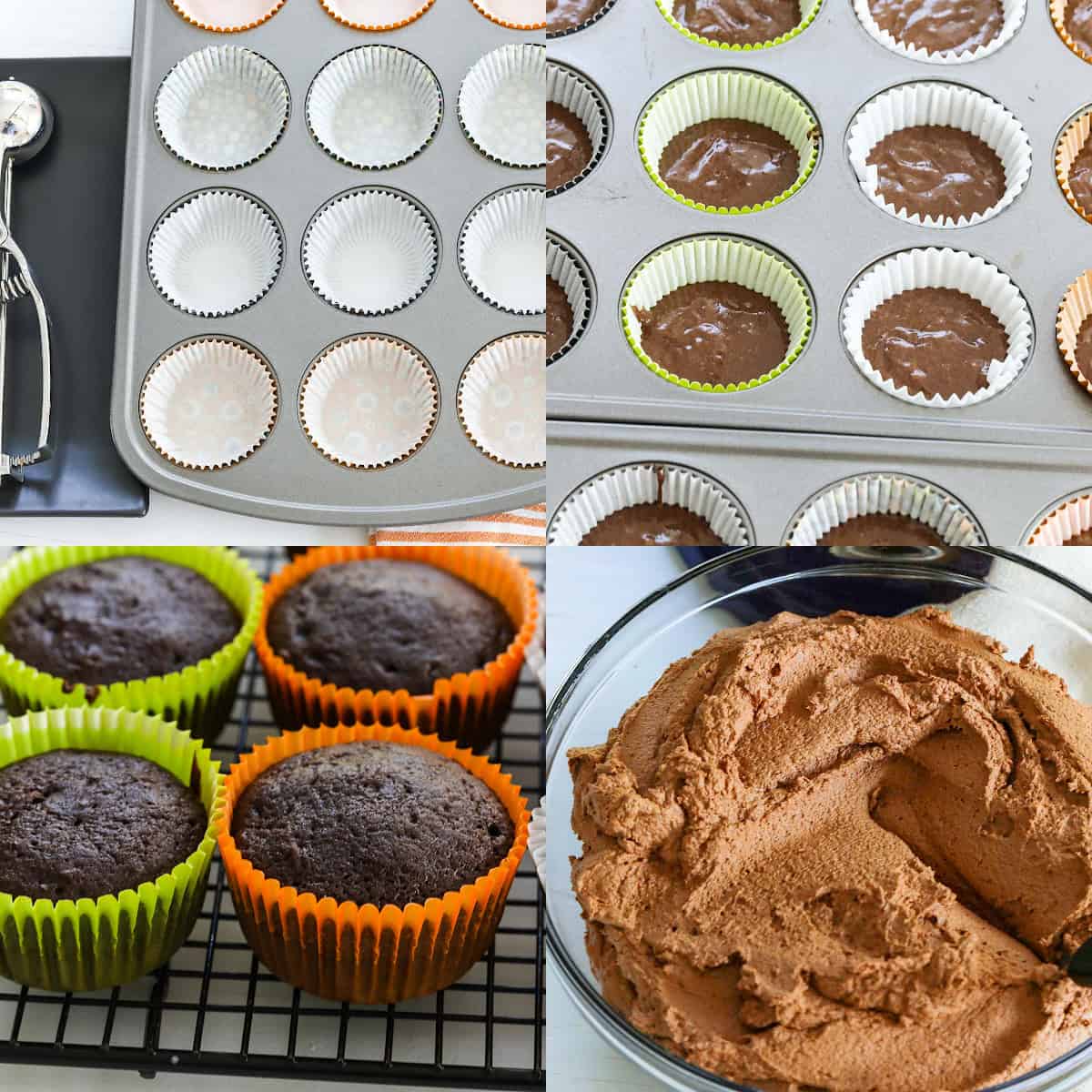 A 4 step process collage of baking chocolate cupcakes in a pan with liners and chocolate frosting in a bowl.