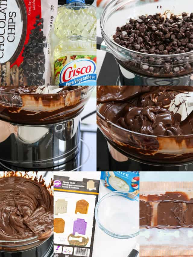 All the steps to melt chocolate to make Halloween graveyard cake decorations from chocolate chips.