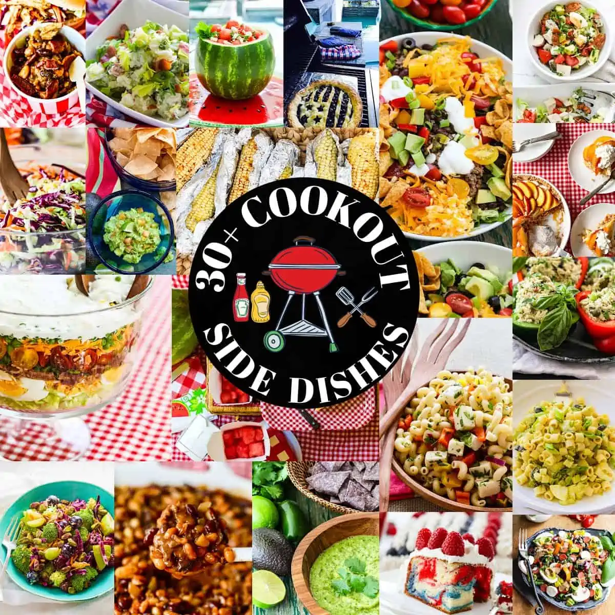 A collage of many colorful side dishes to make during cookout season including potluck salads, baked beans, fruit salad, summer desserts and more.