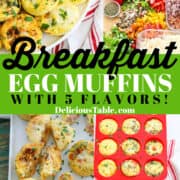 Showing how to make breakfast egg muffins in muffin pans with chopped vegetables, bacon, sausage, and ham.