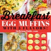 Showing how to make breakfast egg muffins in muffin pans with chopped vegetables, bacon, sausage, and ham.