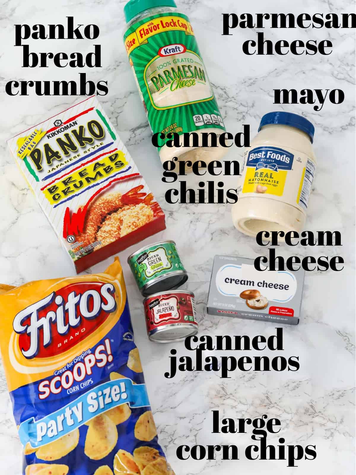 Ingredients labeled to make Jalapeno Popper Dip appetizer.