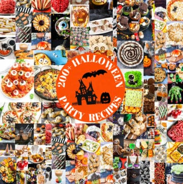 Dozens of pictures of 200 Halloween recipes including adult drinks, appetizers, treats, snacks, desserts for kids and families all with a Halloween theme.