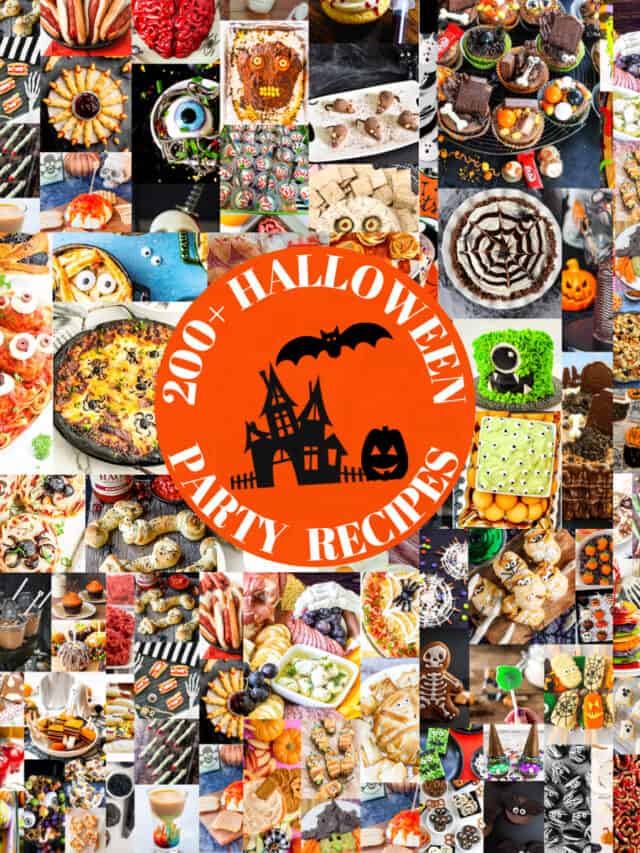 Dozens of pictures of 200 Halloween recipes including adult drinks, appetizers, treats, snacks, desserts for kids and families all with a Halloween theme.