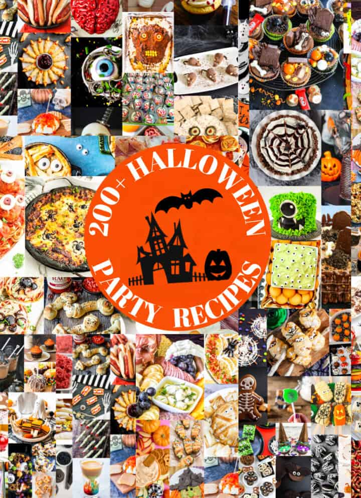 Dozens of pictures of 200 Halloween recipes including adult drinks, appetizers, treats, snacks, desserts for kids and families all with a Halloween theme.