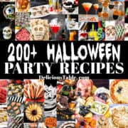 Dozens of pictures of 200 Halloween recipes including adult drinks, appetizers, treats, snacks, desserts for kids and families all with a Halloween theme.