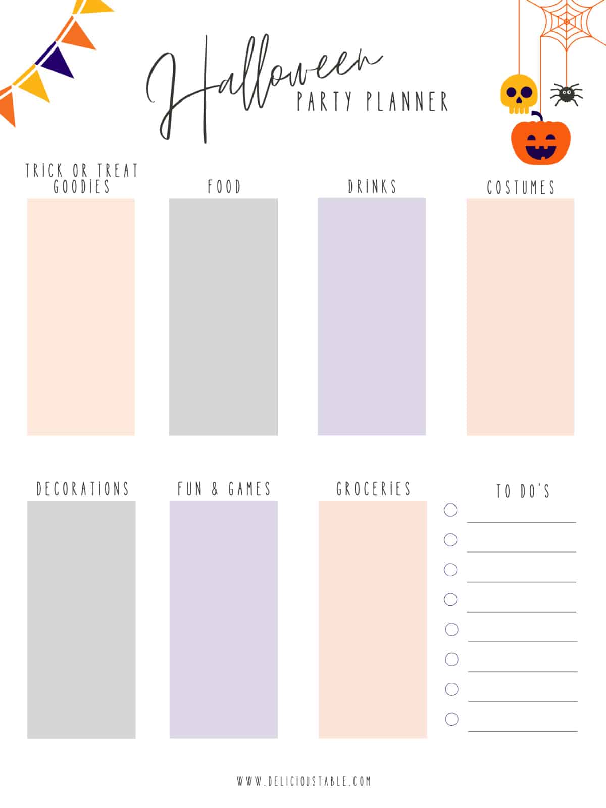 A two page Halloween planner to plan the best food and decorations for a Halloween party.