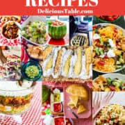 A collage of many colorful side dishes to make during cookout season including potluck salads, baked beans, fruit salad, summer desserts and more.
