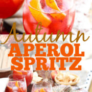 A wine glass filled with Aperol Spritz cocktail garnished with blood orange slices.