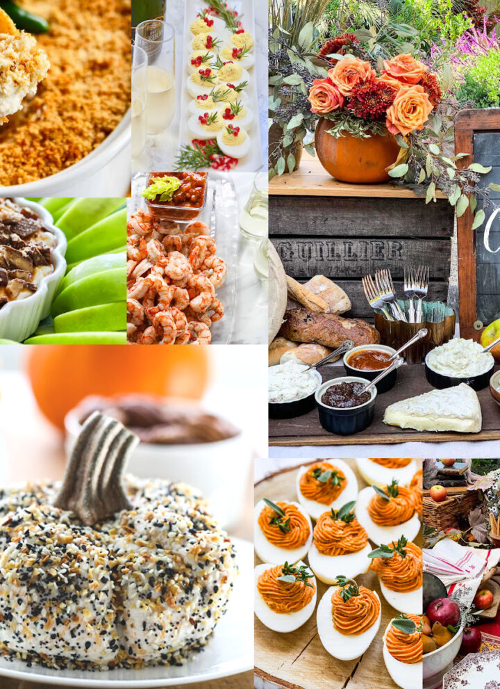 A collection of Thanksgiving appetizers with recipe ideas, and party decorating tips for a Fall party.