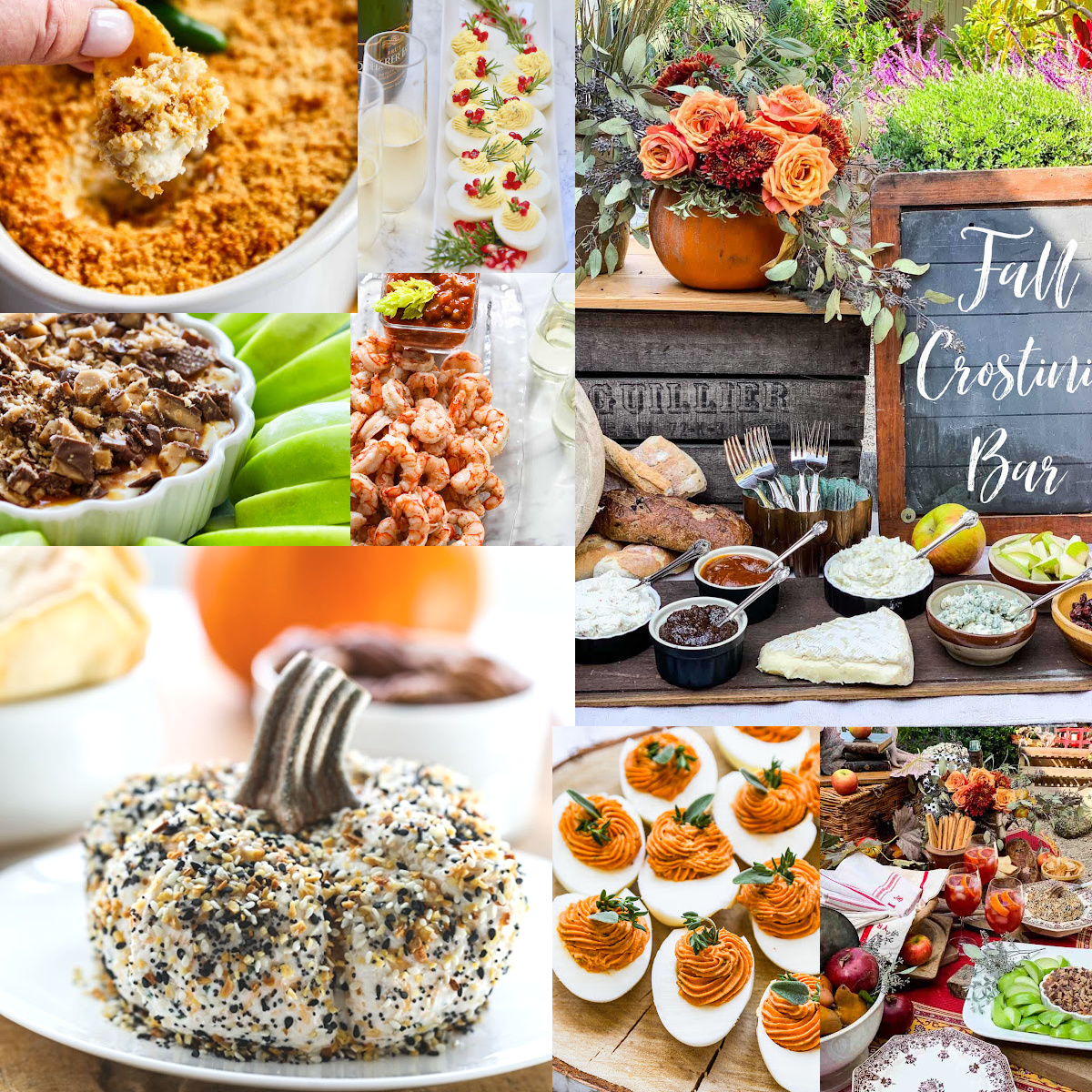 A collection of Thanksgiving appetizers with recipe ideas, and party decorating tips for a Fall party.