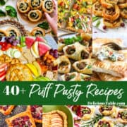 A collage of puff pastry recipes from dinner, appetizers, to desserts.
