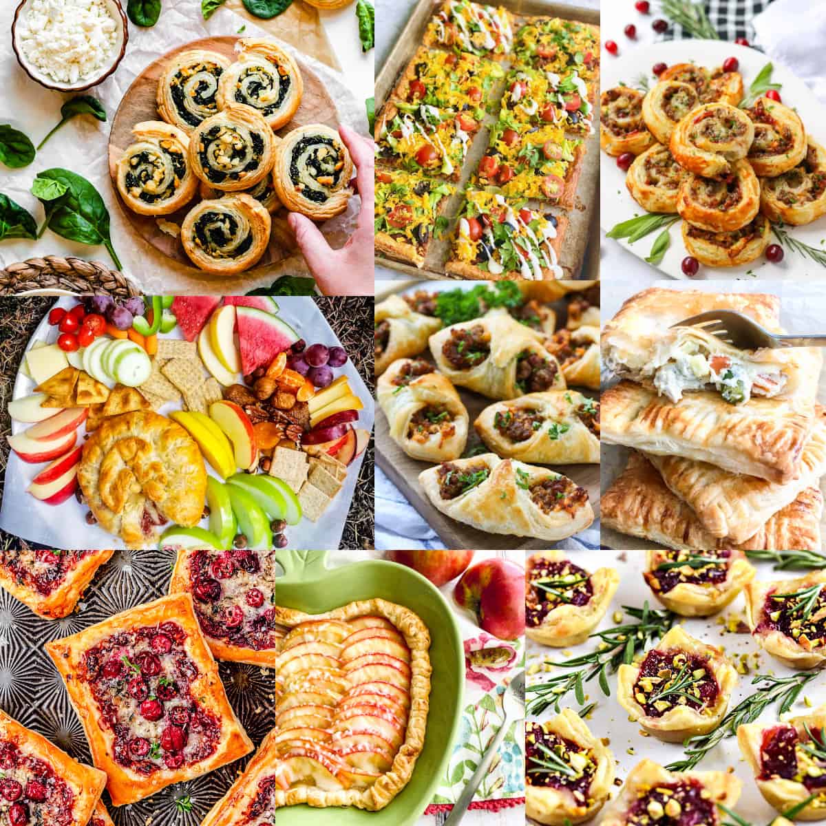 A number of puff pastry appetizers, dinner ideas, and desserts in a collection.
