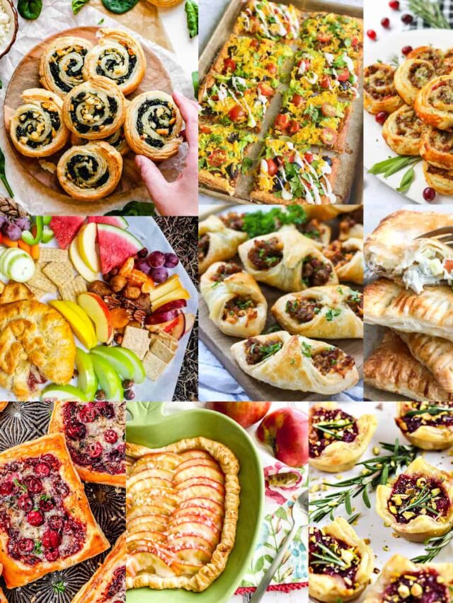 A collage of puff pastry recipes from dinner, appetizers, to desserts.