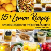 A collage of lemon recipes for savory dishes and sweet lemon desserts like lemon bars.