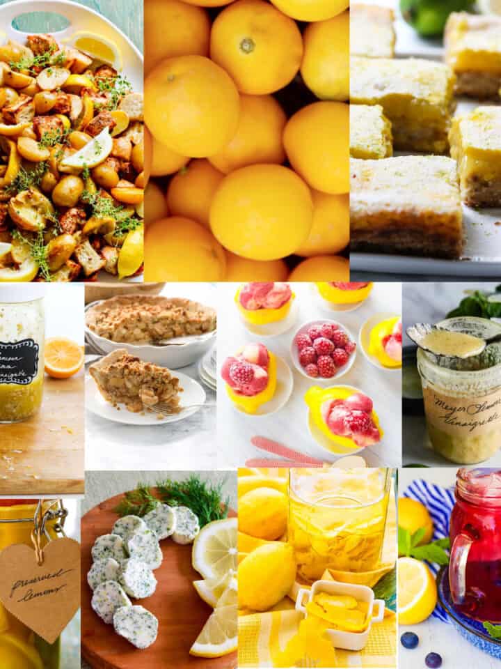 A collage of lemon recipe for family dinners, desserts, dressings, drinks, and more to make with fresh lemons.