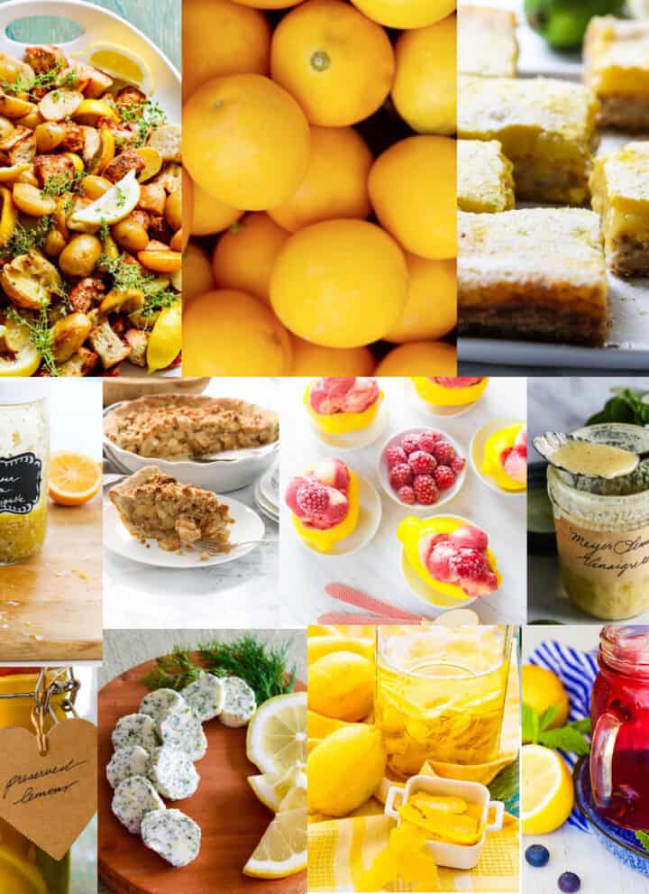 A collage of lemon recipe for family dinners, desserts, dressings, drinks, and more to make with fresh lemons.