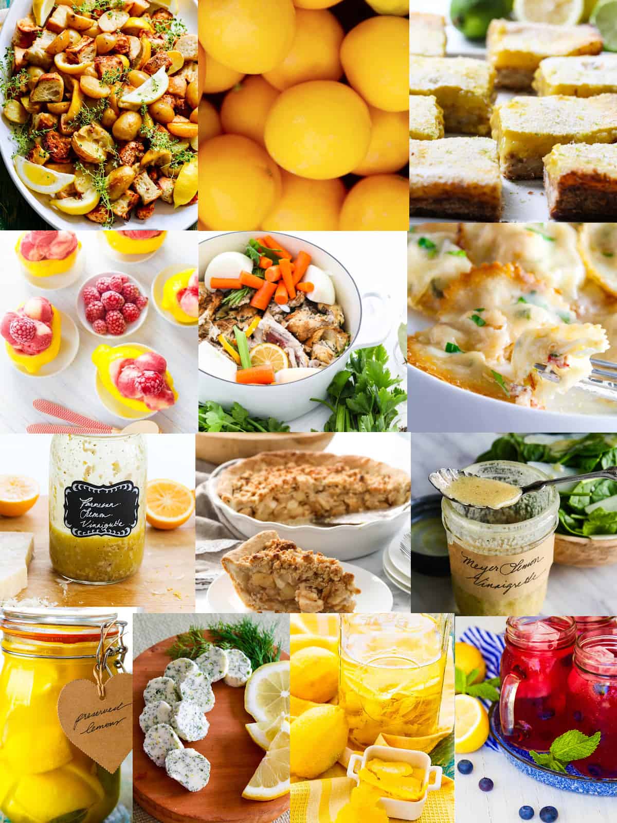 A collage of lemon recipe for family dinners, desserts, dressings, drinks, and more to make with fresh lemons.