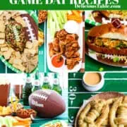 A collage of football food recipes like crispy golden chicken wings, a football shaped cheese ball, pretzels shaped like footballs and hot dog chili.