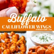 A lady holding a buffalo cauliflower wing that was dipped into a bowl of ranch dressing.