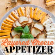 A graphic of a round plate filled with a cheese appetizer recipe with crackers.